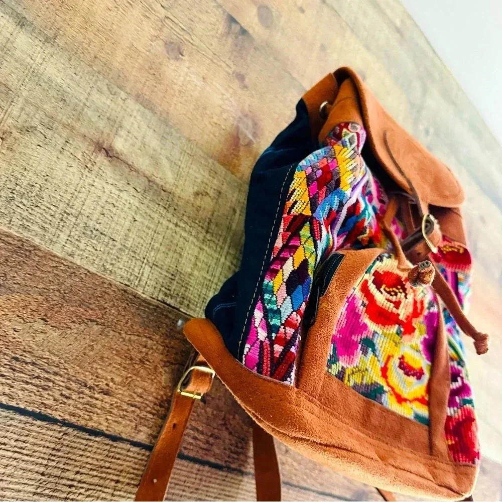 NWOT Guatemalan Embroidered Huipil Leather Backpack